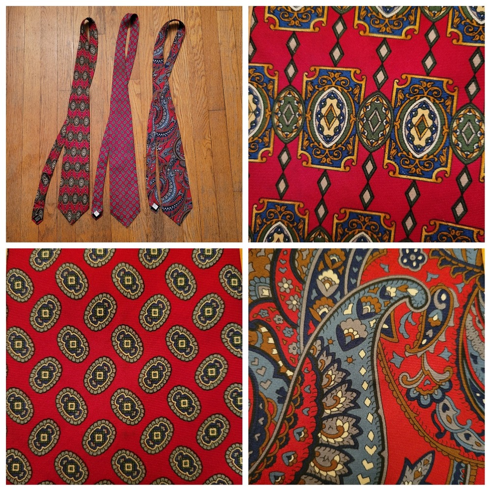 3 Vintage Wembley Power Tie Red Paisley Medallion Silk Geometric Preppy Academia